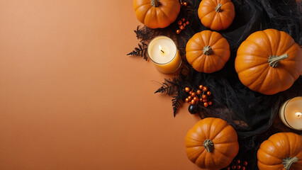 Happy halloween banner template. Flat lay composition with pumpkin and candles on orange background.