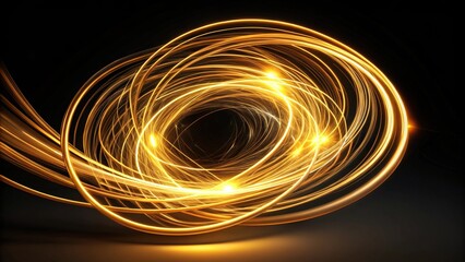 Abstract spiral of golden light trails on a black background