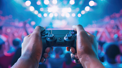 Hands holding game controller at vibrant esports arena.