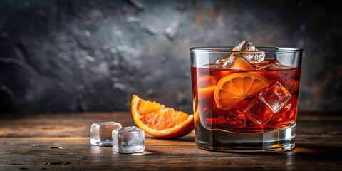 Negroni cocktail in rocks glass with ice cube and orange twist