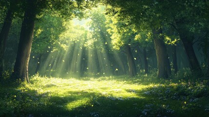 Obraz premium Sunbeams stream through the canopy of a lush green forest, illuminating the forest floor.