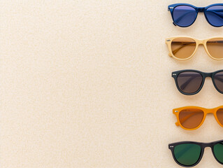 Stylish colored sunglasses on sand background at sunlight, summer fashion eyeglasses with colors glass. Summer sale concept in optical store. Top view lifestyle aesthetic photo, copy space