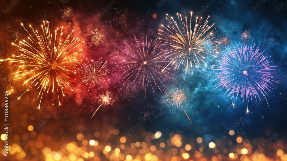 Poster colorful fireworks explode in the night sky, creating a dazzling display of light and color against 