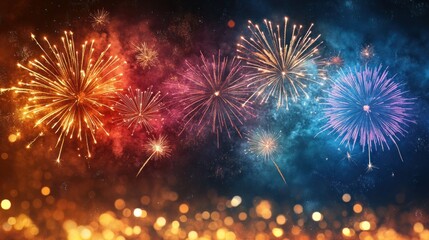 Fototapeta premium Colorful fireworks explode in the night sky, creating a dazzling display of light and color against a backdrop of swirling clouds and twinkling lights.