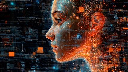 Artificial Intelligence and the Future: Human face composed of electronic circuits, representing technological advancement