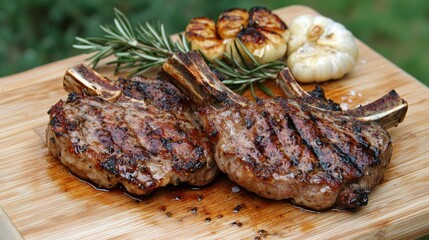 A close-up of juicy grilled lamb cutlets served on a wooden cutting board with a side of roasted...