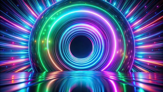 Neon abstract aerial toroid with purple green and blue lights