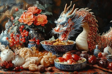 Fototapeta premium A dragon figurine on a table set with various Chinese dishes and fruits.