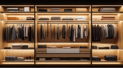 Obraz premium open wardrobe filled with neatly organized clothes in neutral tones