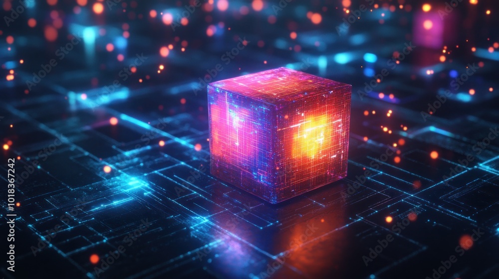 Poster futuristic digital neon cube on a dark grid with glowing particle technology. ai generated images
