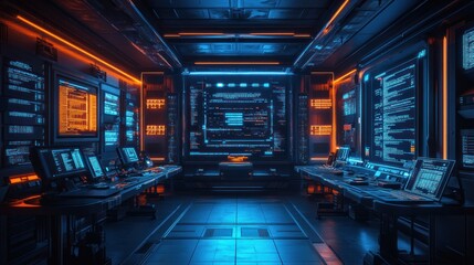 Futuristic server room with glowing monitors displaying code and data.