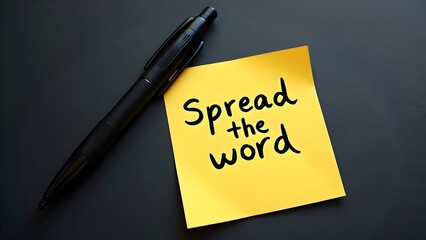 Text ''Spread the word'' written on a yellow sticky note with a black marker pen  announcement for members