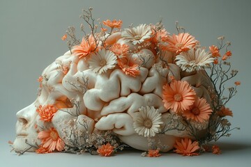 human brain adorned with decorative flowers symbolizing mental refreshment and positivity set against a soft background to convey a sense of tranquility and mental wellbeing