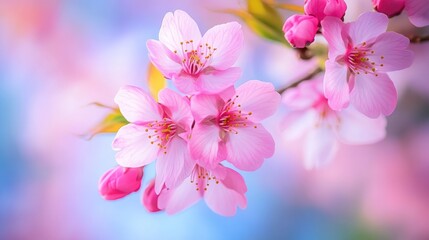 Naklejka premium A close-up of sakura blossoms swaying gently in the breeze, with the vibrant pink petals contrasted against the clear blue sky