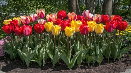 A colorful array of tulips in full bloom, with red, yellow, and pink flowers creating a stunning display in a spring garden
