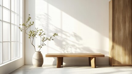  modern wooden wardrobe with clean lines, set against a bright white wall