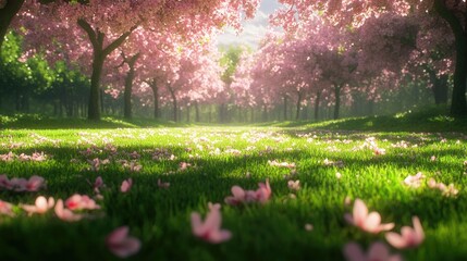 Obraz premium A field of lush green grass blanketed by fallen sakura petals, with the trees above still covered in vibrant pink blossoms