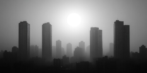 Fototapeta premium Silhouettes of towering buildings against a hazy sky with a bright, sun-like orb obscuring its details