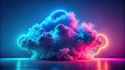 Abstract stormy cloud glowing with bright pink and blue neon light on asymmetrical background