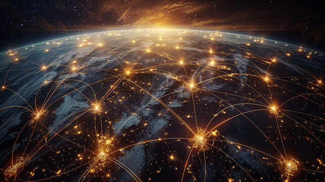 World internet and electricity communications illustratio from space on planet earth advanced technologies, futuristic astronautics background, space for text
