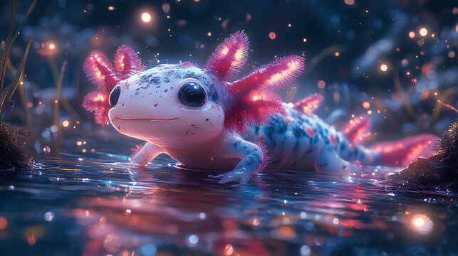 illustration of a cute Axolotl cub in the water