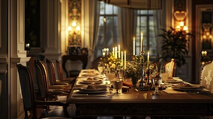 An elegant dining room set up for a dinner party, complete with a beautifully set table