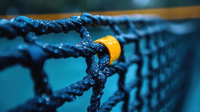 Raindrops clinging to a blue net, a yellow connector adding a touch of vibrancy