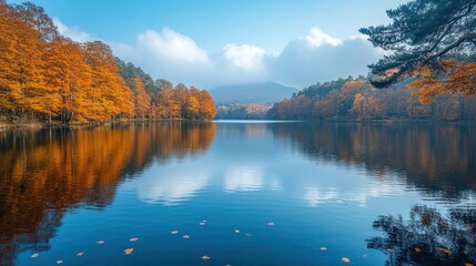 A tranquil lake surrounded by trees with vibrant autumn foliage, reflecting the sky and clouds in its still waters.