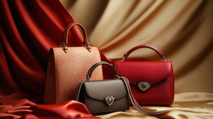 Professional product photography of stylish handbags | Arranged on a chic fabric background
