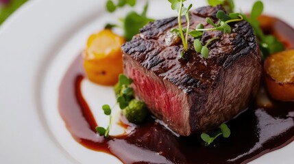 A gourmet dish of reindeer topped with a drizzle of cranberry sauce and served with truffle mashed potatoes and seasonal vegetables