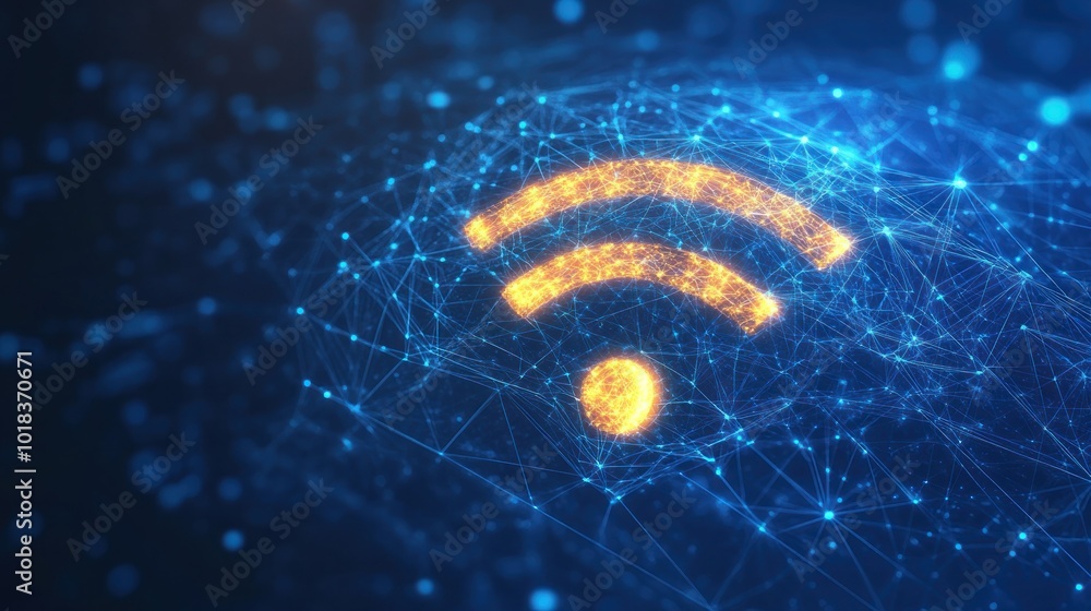 Poster abstract digital connectivity with glowing wi-fi symbol on blue background data bokeh,