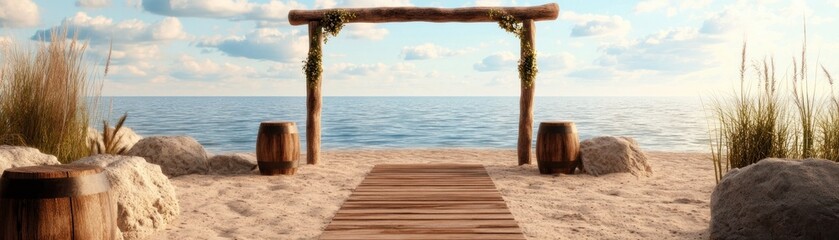 Elegant and Simple Beach Wedding Setup with Rustic Wooden Arch and Ocean Views, Perfect for a Romantic Ceremony