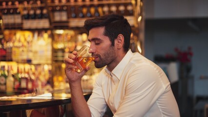 Smart man in white shirt drinking cocktail Old fashioned of special party beverage vibrant waiting for friends or couple at nightclub on Friday meeting night time at luxurious counter bar. Vinosity.