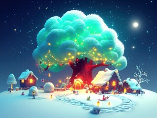 The Enchanted Snowfall of Winterhaven | A magical realism novel cover showcasing a charming village blanketed in snow