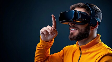 Man Exploring Virtual Reality: A young man wearing a VR headset smiles as he interacts with the virtual world, his finger pointing to the unseen.