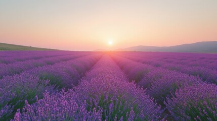 A vast lavender field at sunrise, with the sun shining brightly in the distance.