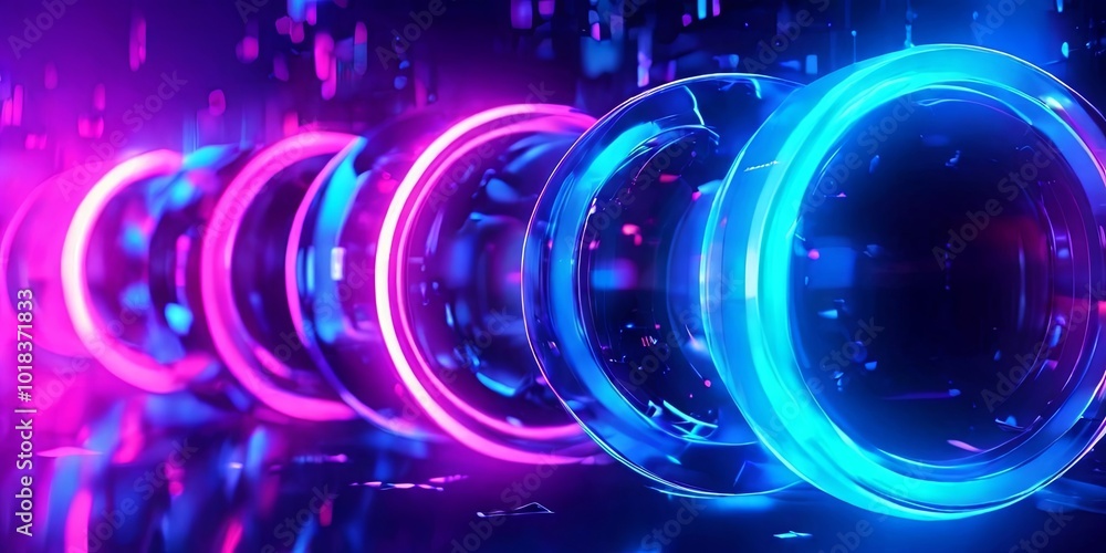 Poster A series of neon colored circles are displayed in a dark background