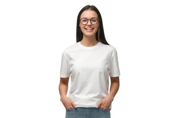 Young laughing woman standing with hands in pockets, wearing blank white t-shirt with copy space