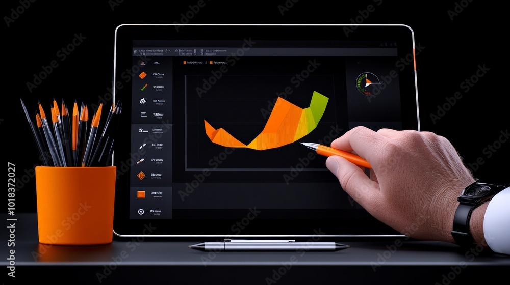 Poster designing the future: a hand using a stylus on a tablet, showcasing a vibrant 3d graph design. the i