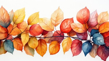 Watercolor Painting of Autumn Leaves Displaying a Spectrum of Colors