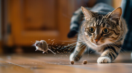 A cat chasing a mouse, the mouse is startled and jumps, set in the kitchen of a house.