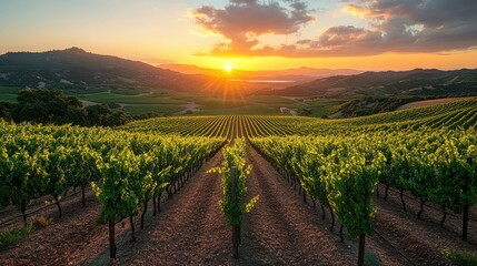 Naklejka premium Vineyard Rows Bathed in Golden Sunset Light