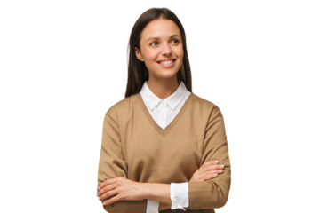 Studio portrait of smiling woman in brown sweater standing with crossed arms and looking away if she is dreaming