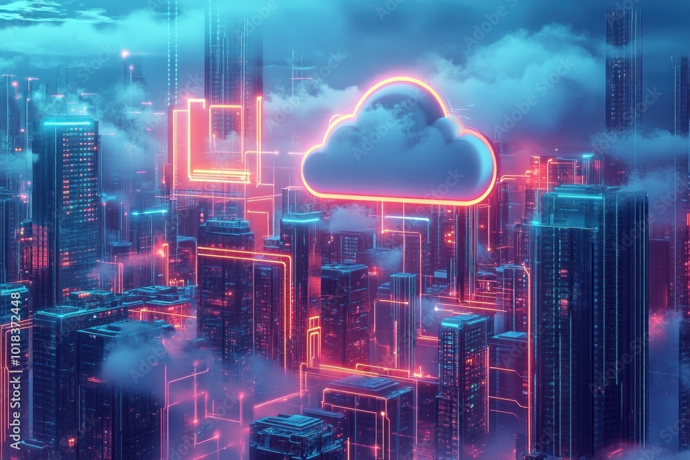 Poster a futuristic cityscape with a glowing cloud symbol above it, representing the concept of cloud compu