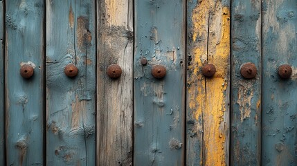 Weathered Wooden Planks with Peeling Blue and Yellow Paint and Rusty Metal Fasteners