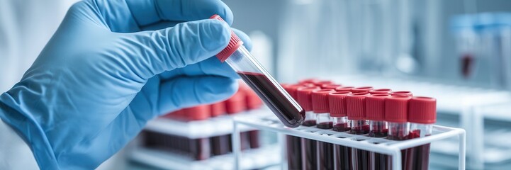 Laboratory technician handling blood samples in test tubes.