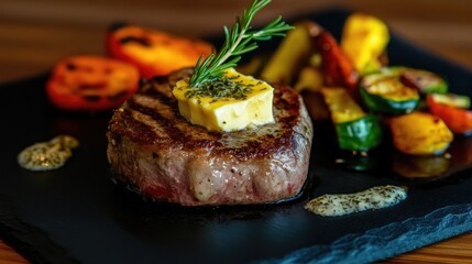 A medium-rare steak topped with herb-infused butter, served on a black slate plate with roasted vegetables on the side