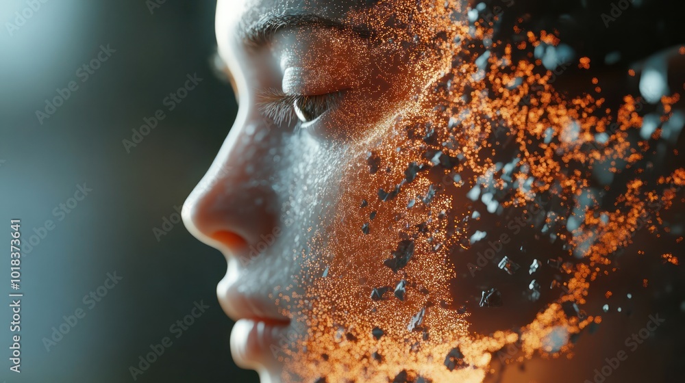 Poster artificial intelligence digital hologram. scattering dissolution design 3d image with copy space