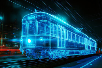 Obraz premium image of an ethereal, transparent train with a blue glow, depicted in a night scene with a glowing neon outline