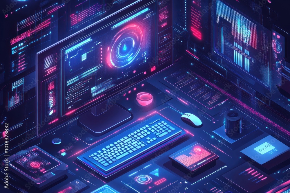 Poster a futuristic isometric illustration of a computer with a glowing screen and keyboard, surrounded by 